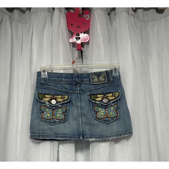 VTG Y2K embroidered denim mini skirt S Butterfly Rhinestone Boho Hippie Floral - Picture 1 of 9